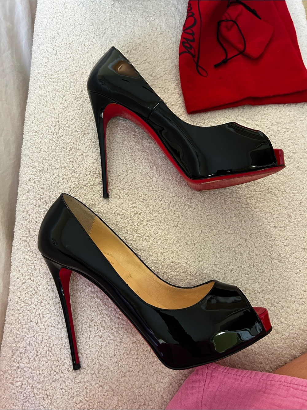 Christian Louboutin Black Patent Peep-Toe Stilettos with Red Sole